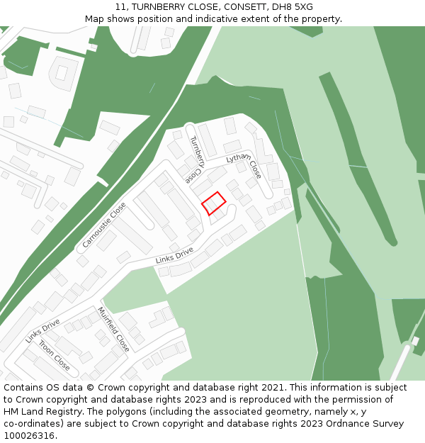 11, TURNBERRY CLOSE, CONSETT, DH8 5XG: Location map and indicative extent of plot