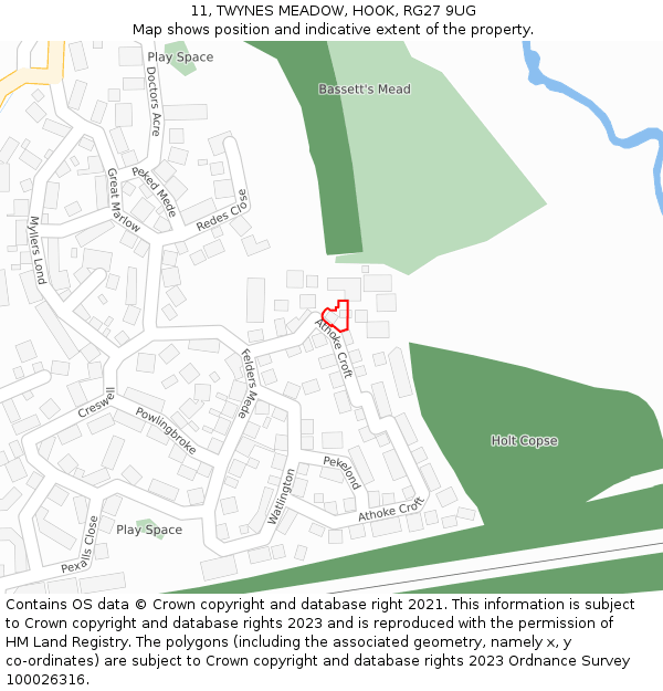 11, TWYNES MEADOW, HOOK, RG27 9UG: Location map and indicative extent of plot