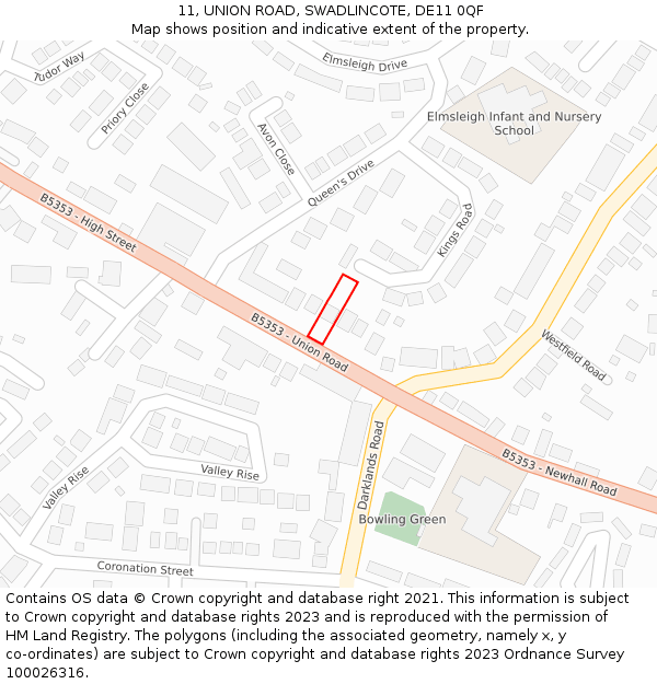 11, UNION ROAD, SWADLINCOTE, DE11 0QF: Location map and indicative extent of plot