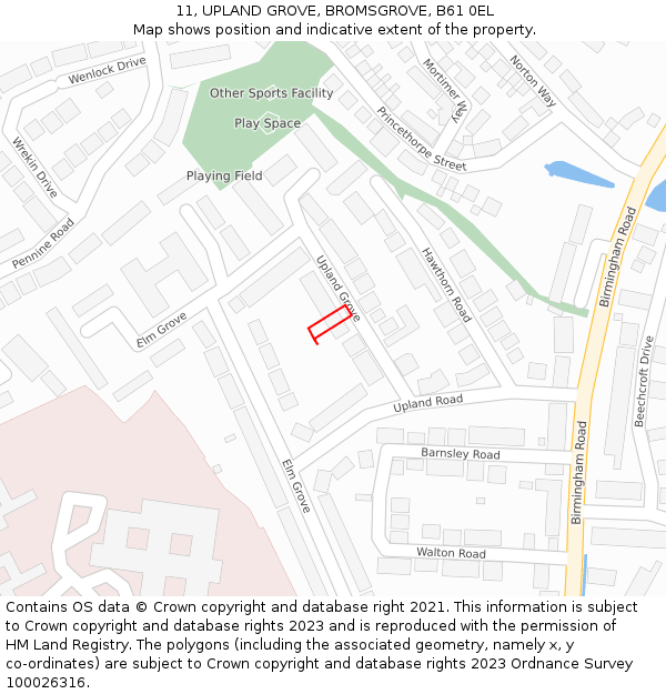 11, UPLAND GROVE, BROMSGROVE, B61 0EL: Location map and indicative extent of plot