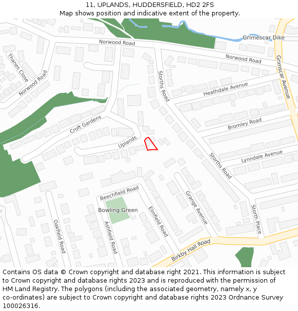 11, UPLANDS, HUDDERSFIELD, HD2 2FS: Location map and indicative extent of plot