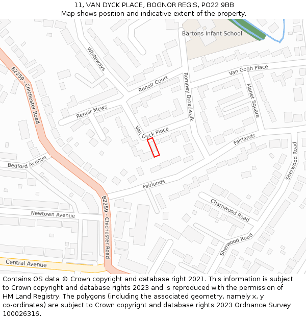 11, VAN DYCK PLACE, BOGNOR REGIS, PO22 9BB: Location map and indicative extent of plot