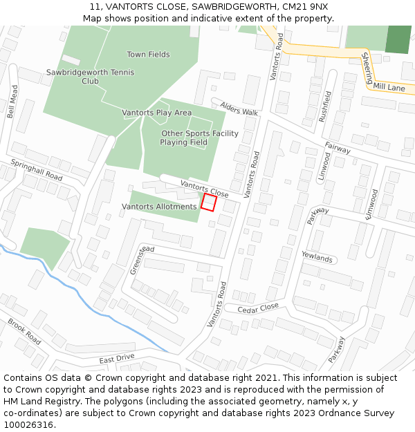 11, VANTORTS CLOSE, SAWBRIDGEWORTH, CM21 9NX: Location map and indicative extent of plot