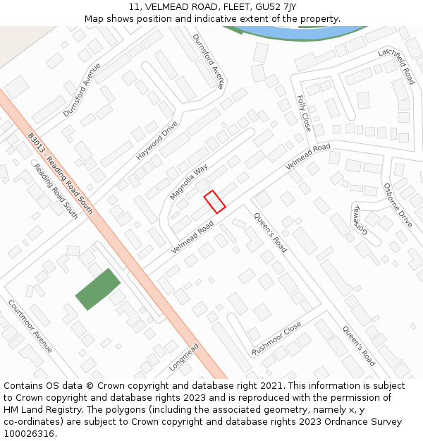 11, VELMEAD ROAD, FLEET, GU52 7JY: Location map and indicative extent of plot