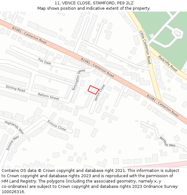 11, VENCE CLOSE, STAMFORD, PE9 2LZ: Location map and indicative extent of plot