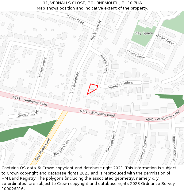11, VERNALLS CLOSE, BOURNEMOUTH, BH10 7HA: Location map and indicative extent of plot