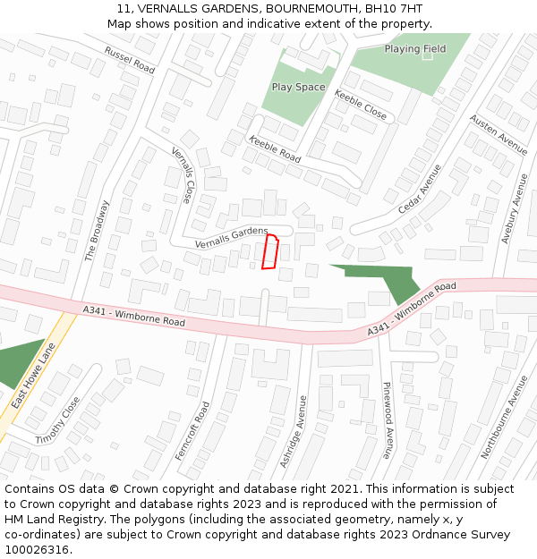 11, VERNALLS GARDENS, BOURNEMOUTH, BH10 7HT: Location map and indicative extent of plot