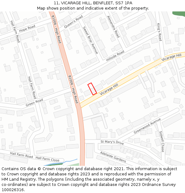 11, VICARAGE HILL, BENFLEET, SS7 1PA: Location map and indicative extent of plot