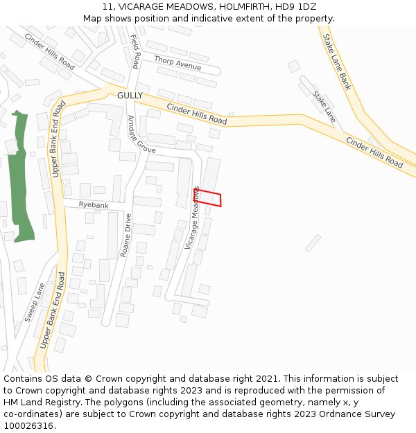 11, VICARAGE MEADOWS, HOLMFIRTH, HD9 1DZ: Location map and indicative extent of plot