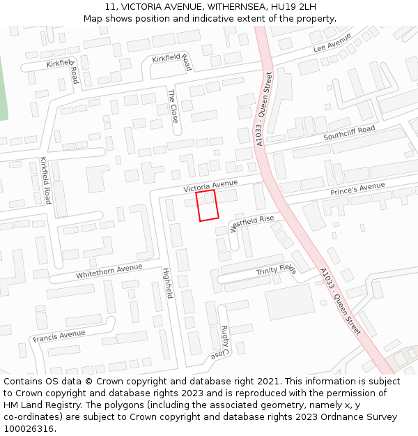 11, VICTORIA AVENUE, WITHERNSEA, HU19 2LH: Location map and indicative extent of plot