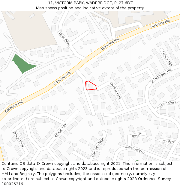 11, VICTORIA PARK, WADEBRIDGE, PL27 6DZ: Location map and indicative extent of plot