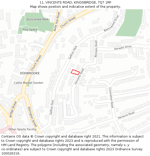11, VINCENTS ROAD, KINGSBRIDGE, TQ7 1RP: Location map and indicative extent of plot