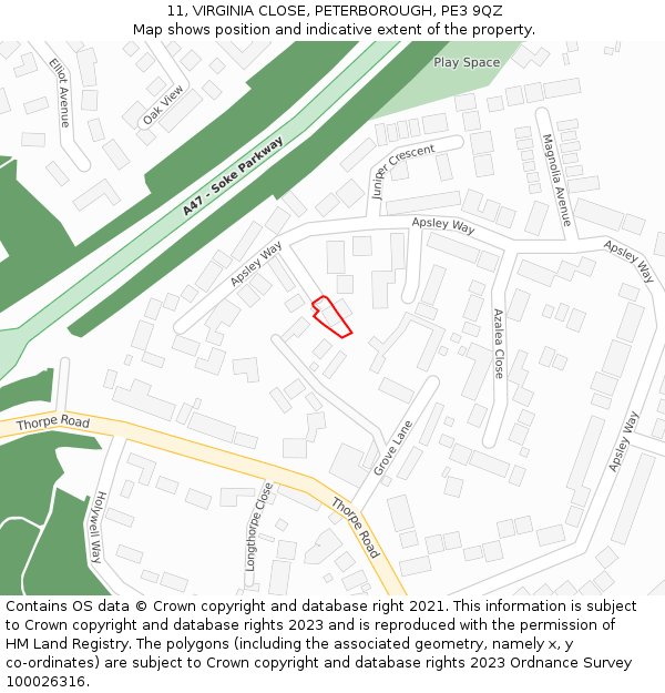 11, VIRGINIA CLOSE, PETERBOROUGH, PE3 9QZ: Location map and indicative extent of plot