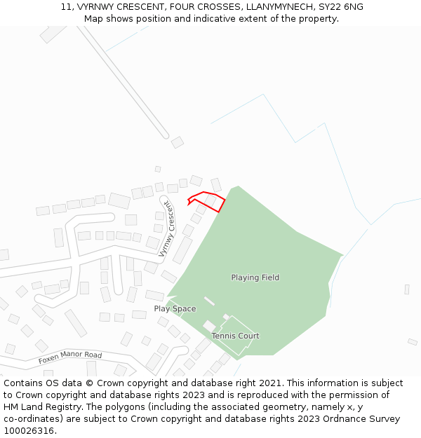 11, VYRNWY CRESCENT, FOUR CROSSES, LLANYMYNECH, SY22 6NG: Location map and indicative extent of plot