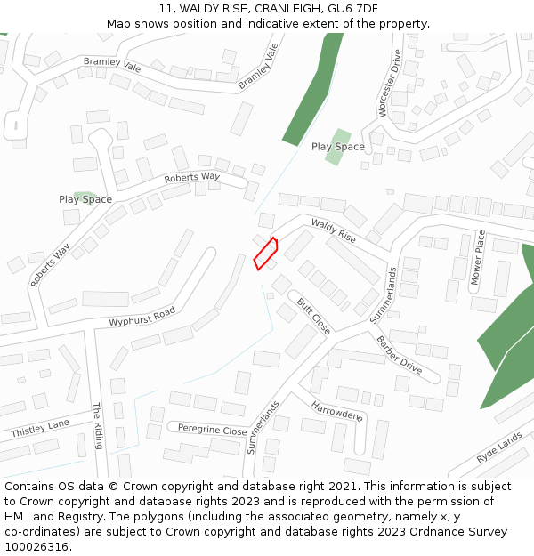 11, WALDY RISE, CRANLEIGH, GU6 7DF: Location map and indicative extent of plot