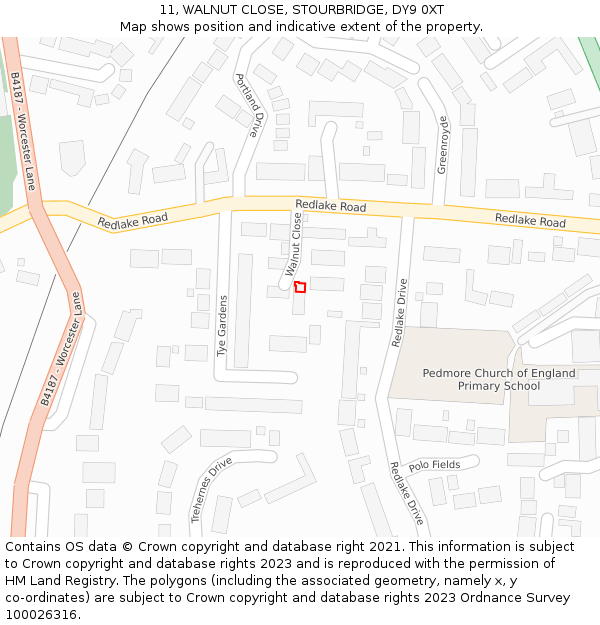 11, WALNUT CLOSE, STOURBRIDGE, DY9 0XT: Location map and indicative extent of plot