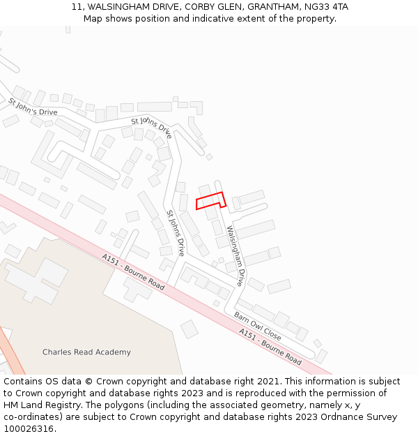 11, WALSINGHAM DRIVE, CORBY GLEN, GRANTHAM, NG33 4TA: Location map and indicative extent of plot