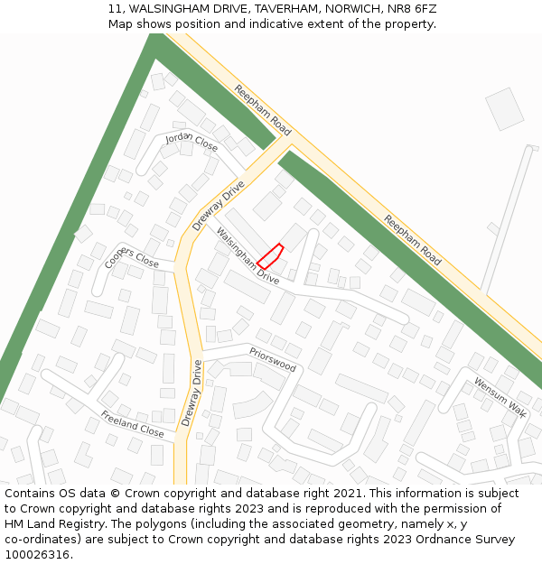 11, WALSINGHAM DRIVE, TAVERHAM, NORWICH, NR8 6FZ: Location map and indicative extent of plot