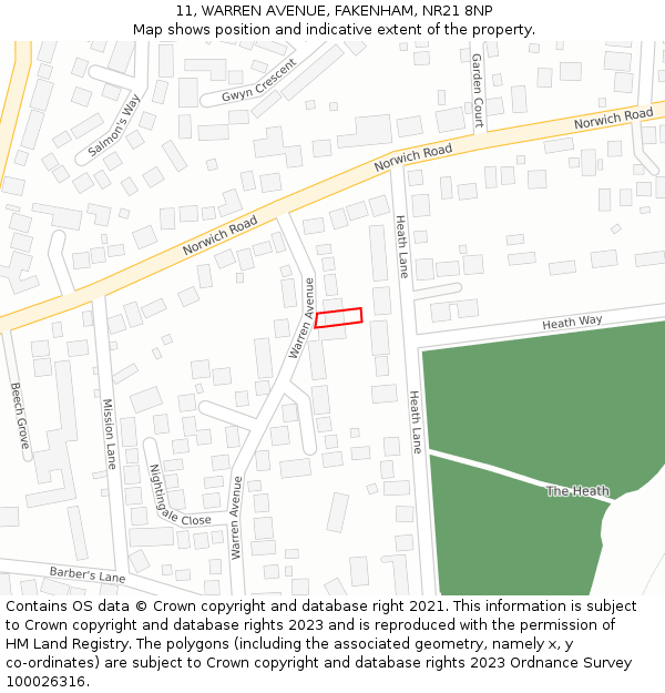 11, WARREN AVENUE, FAKENHAM, NR21 8NP: Location map and indicative extent of plot
