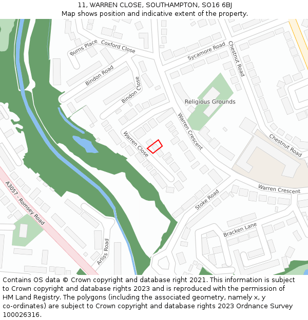 11, WARREN CLOSE, SOUTHAMPTON, SO16 6BJ: Location map and indicative extent of plot