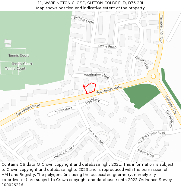 11, WARRINGTON CLOSE, SUTTON COLDFIELD, B76 2BL: Location map and indicative extent of plot
