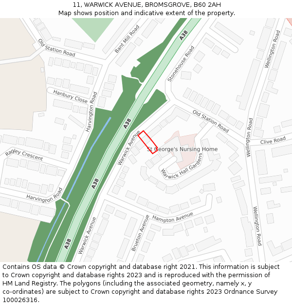 11, WARWICK AVENUE, BROMSGROVE, B60 2AH: Location map and indicative extent of plot