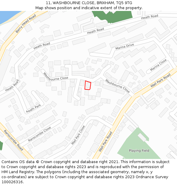 11, WASHBOURNE CLOSE, BRIXHAM, TQ5 9TG: Location map and indicative extent of plot