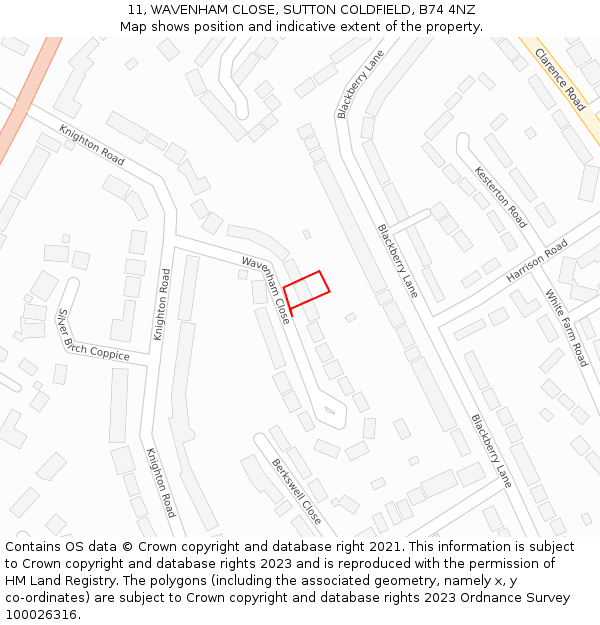 11, WAVENHAM CLOSE, SUTTON COLDFIELD, B74 4NZ: Location map and indicative extent of plot