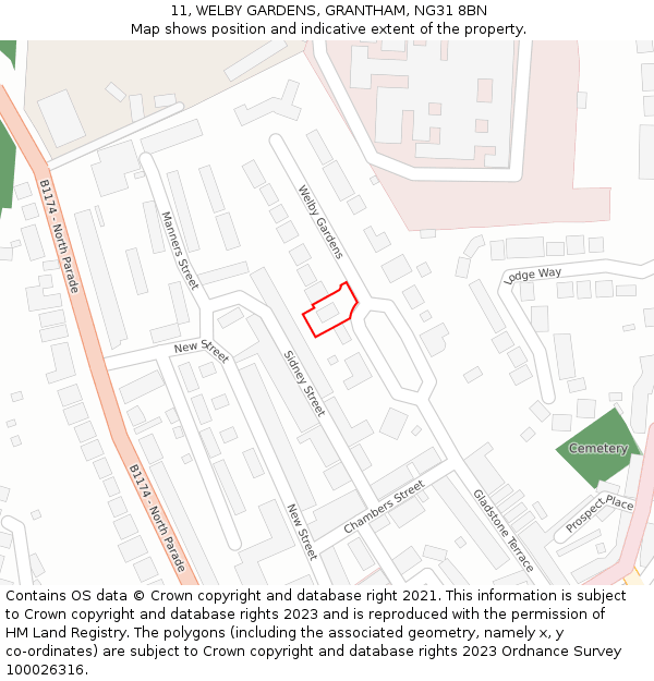 11, WELBY GARDENS, GRANTHAM, NG31 8BN: Location map and indicative extent of plot