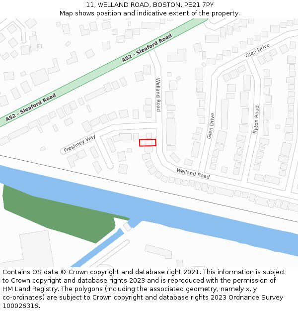 11, WELLAND ROAD, BOSTON, PE21 7PY: Location map and indicative extent of plot