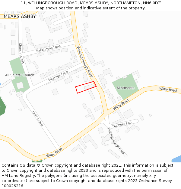 11, WELLINGBOROUGH ROAD, MEARS ASHBY, NORTHAMPTON, NN6 0DZ: Location map and indicative extent of plot