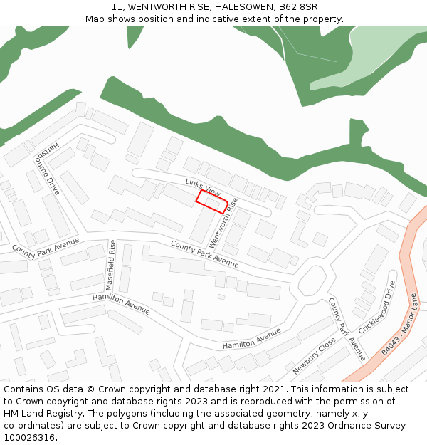 11, WENTWORTH RISE, HALESOWEN, B62 8SR: Location map and indicative extent of plot