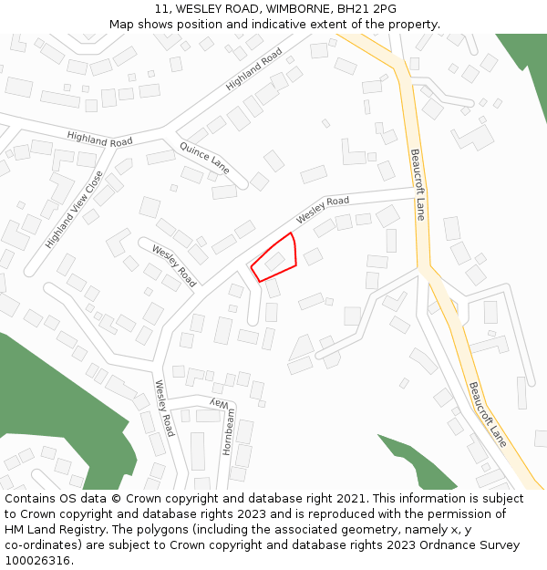 11, WESLEY ROAD, WIMBORNE, BH21 2PG: Location map and indicative extent of plot