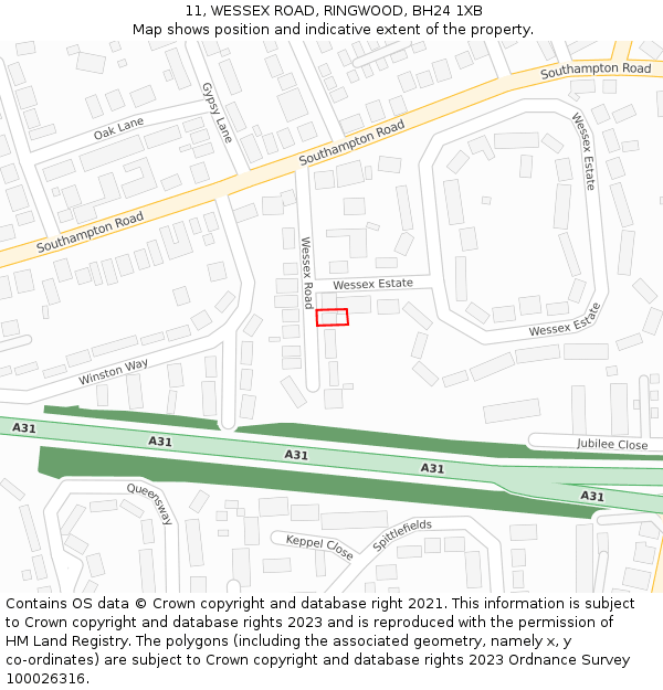 11, WESSEX ROAD, RINGWOOD, BH24 1XB: Location map and indicative extent of plot