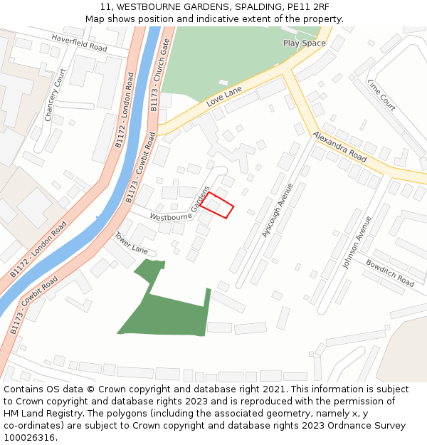 11, WESTBOURNE GARDENS, SPALDING, PE11 2RF: Location map and indicative extent of plot