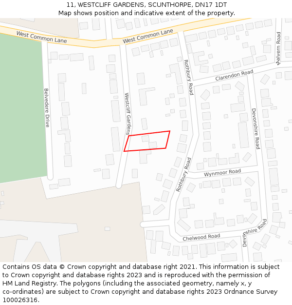 11, WESTCLIFF GARDENS, SCUNTHORPE, DN17 1DT: Location map and indicative extent of plot