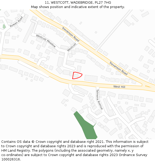 11, WESTCOTT, WADEBRIDGE, PL27 7HG: Location map and indicative extent of plot