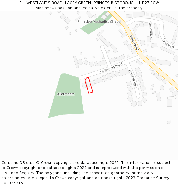 11, WESTLANDS ROAD, LACEY GREEN, PRINCES RISBOROUGH, HP27 0QW: Location map and indicative extent of plot