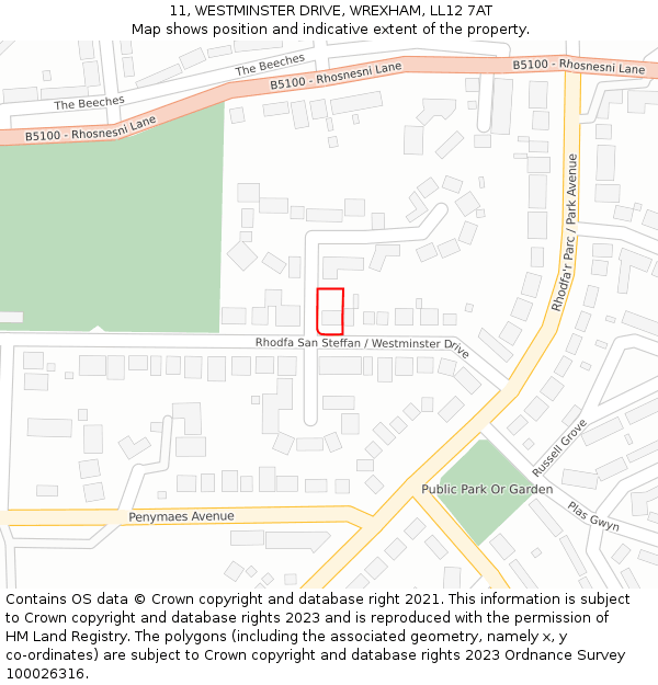 11, WESTMINSTER DRIVE, WREXHAM, LL12 7AT: Location map and indicative extent of plot