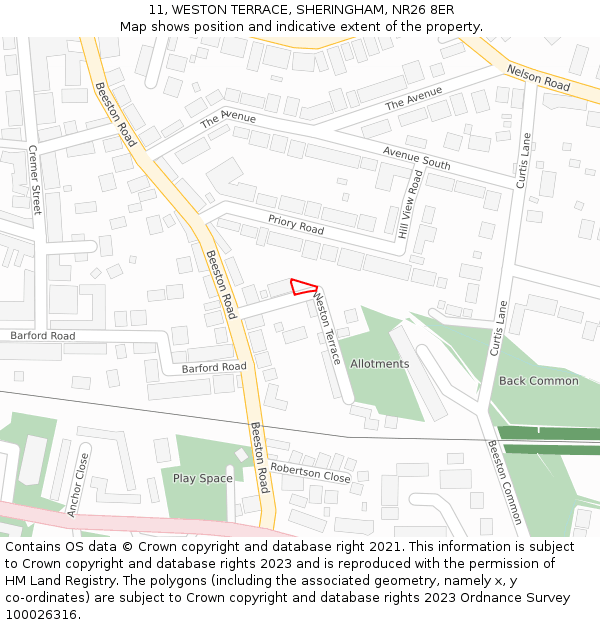 11, WESTON TERRACE, SHERINGHAM, NR26 8ER: Location map and indicative extent of plot