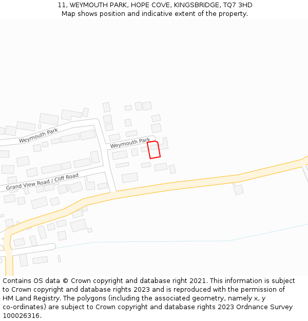 11, WEYMOUTH PARK, HOPE COVE, KINGSBRIDGE, TQ7 3HD: Location map and indicative extent of plot