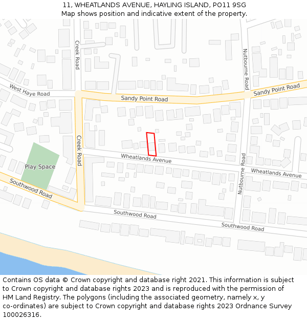 11, WHEATLANDS AVENUE, HAYLING ISLAND, PO11 9SG: Location map and indicative extent of plot