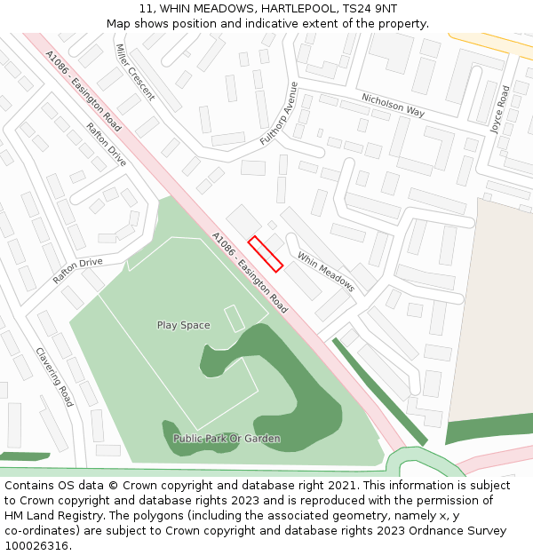 11, WHIN MEADOWS, HARTLEPOOL, TS24 9NT: Location map and indicative extent of plot