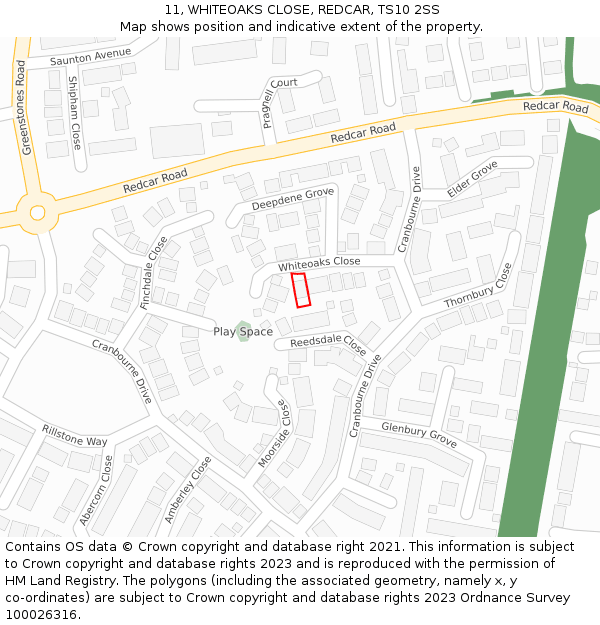 11, WHITEOAKS CLOSE, REDCAR, TS10 2SS: Location map and indicative extent of plot