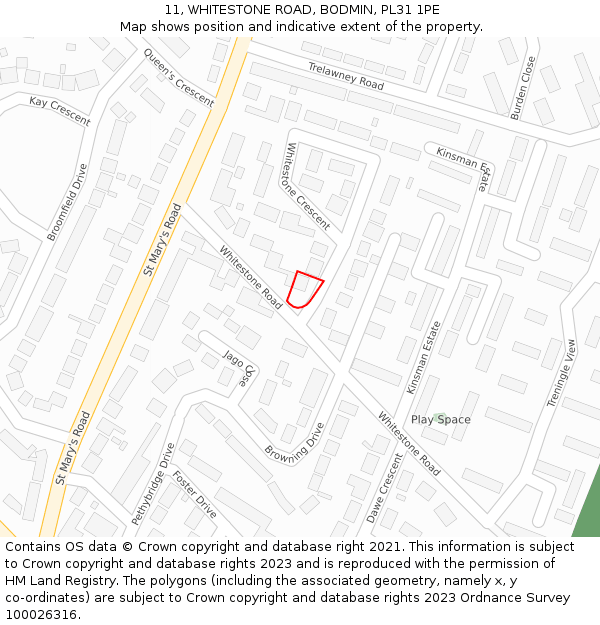 11, WHITESTONE ROAD, BODMIN, PL31 1PE: Location map and indicative extent of plot