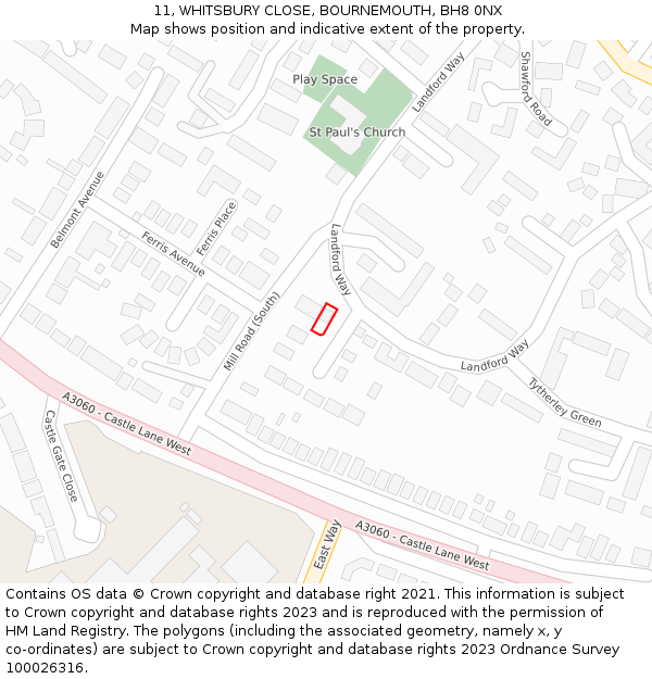 11, WHITSBURY CLOSE, BOURNEMOUTH, BH8 0NX: Location map and indicative extent of plot