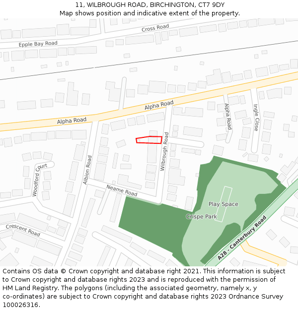 11, WILBROUGH ROAD, BIRCHINGTON, CT7 9DY: Location map and indicative extent of plot