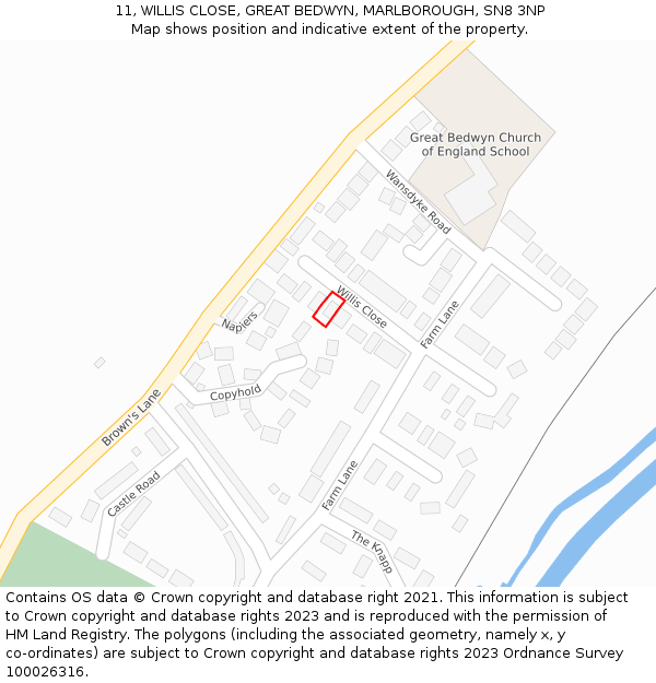 11, WILLIS CLOSE, GREAT BEDWYN, MARLBOROUGH, SN8 3NP: Location map and indicative extent of plot