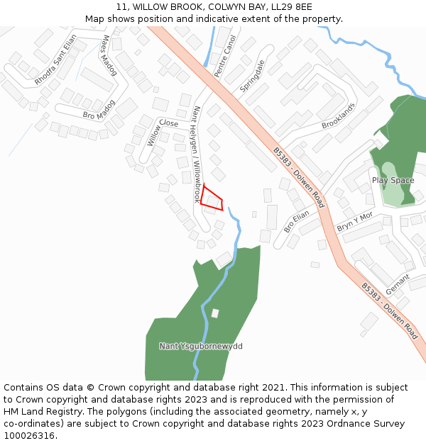 11, WILLOW BROOK, COLWYN BAY, LL29 8EE: Location map and indicative extent of plot