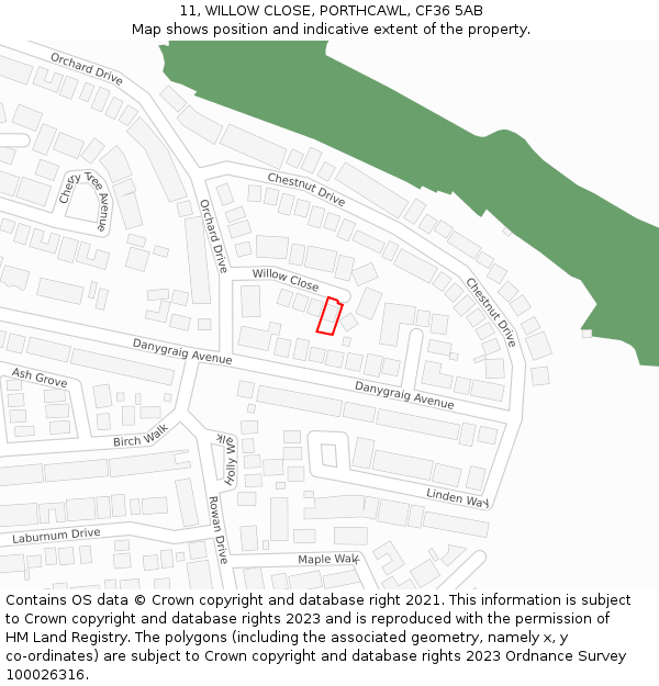 11, WILLOW CLOSE, PORTHCAWL, CF36 5AB: Location map and indicative extent of plot